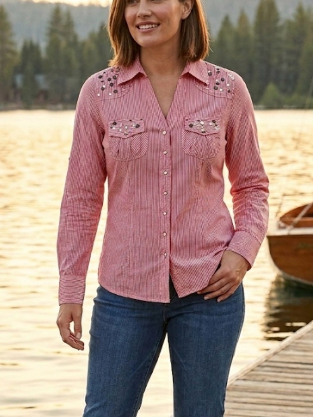 Cotton Poplin Red Striped Jewel Embellished Shirt Small Western Glam Sparkle